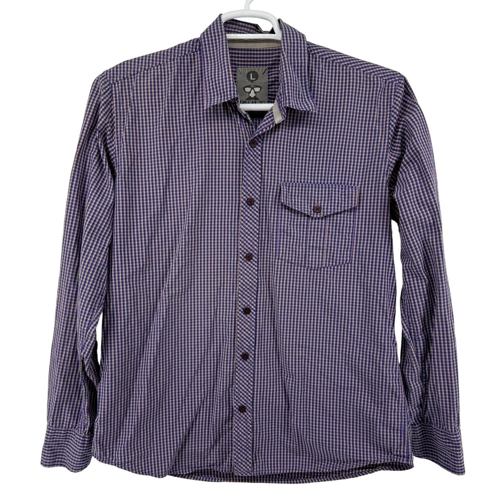 Cult Button Down Shirt Mens L Purple Gingham Plaid Long Sleeve Casual Pocket